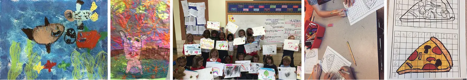 5 images showing children making art or featuring art by children