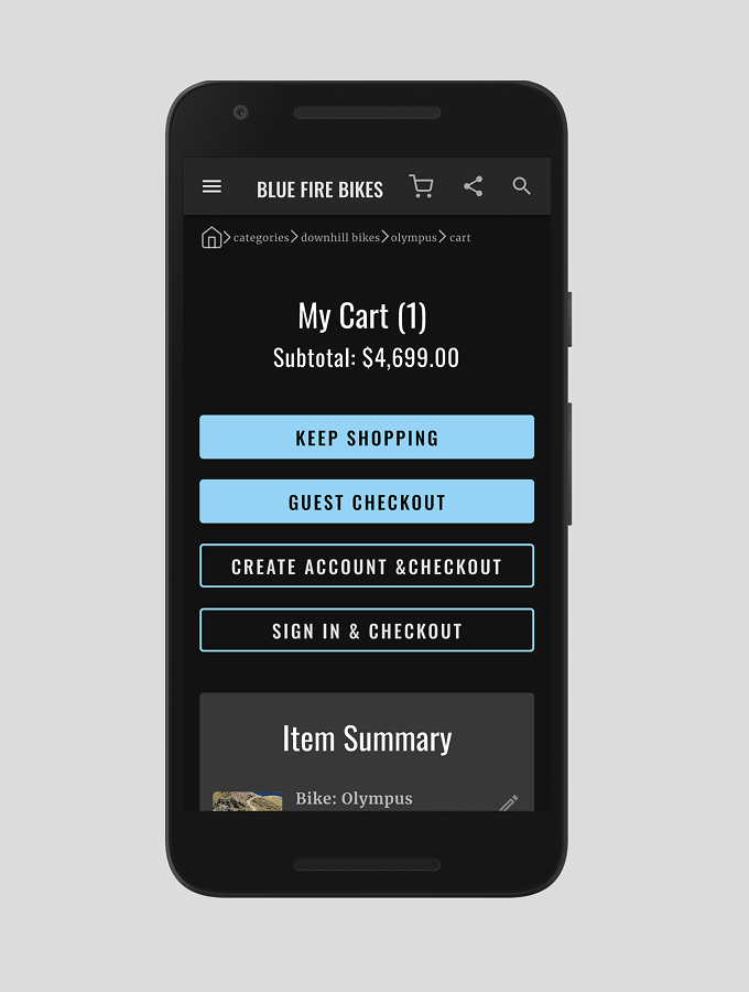 An image of a phone showing the Blue Fire Bikes Cart Screen.
