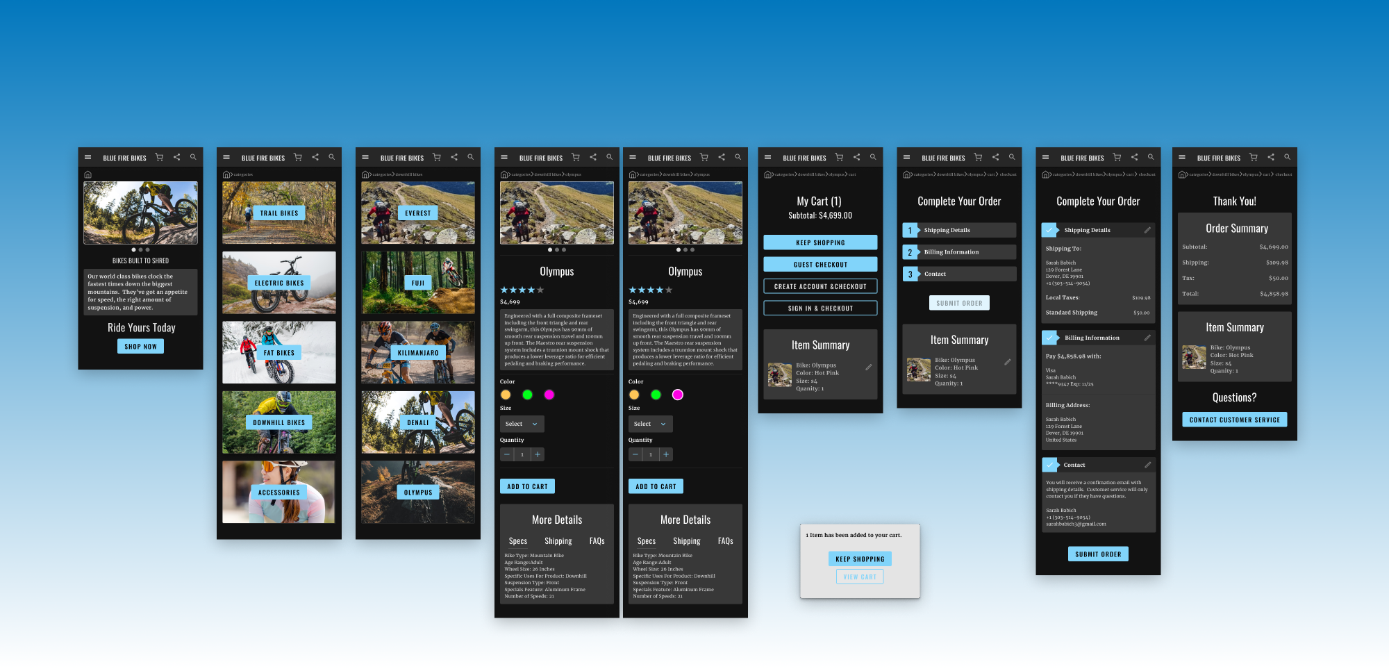 Still images of Blue Fire Bike app screens showing bikes, purchase flows, and e-commerce examples.